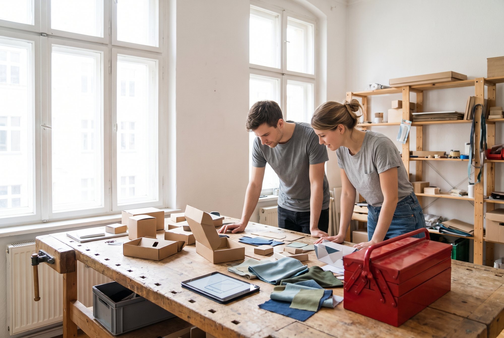 Produktmuster auf einer Werkbank im Startup